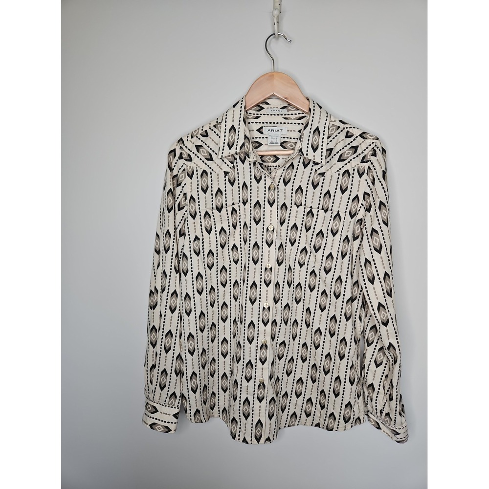 ARIAT Billie Jean Button Up Shirt M Relaxed Tan Brown Geo Western Aztec Cotton